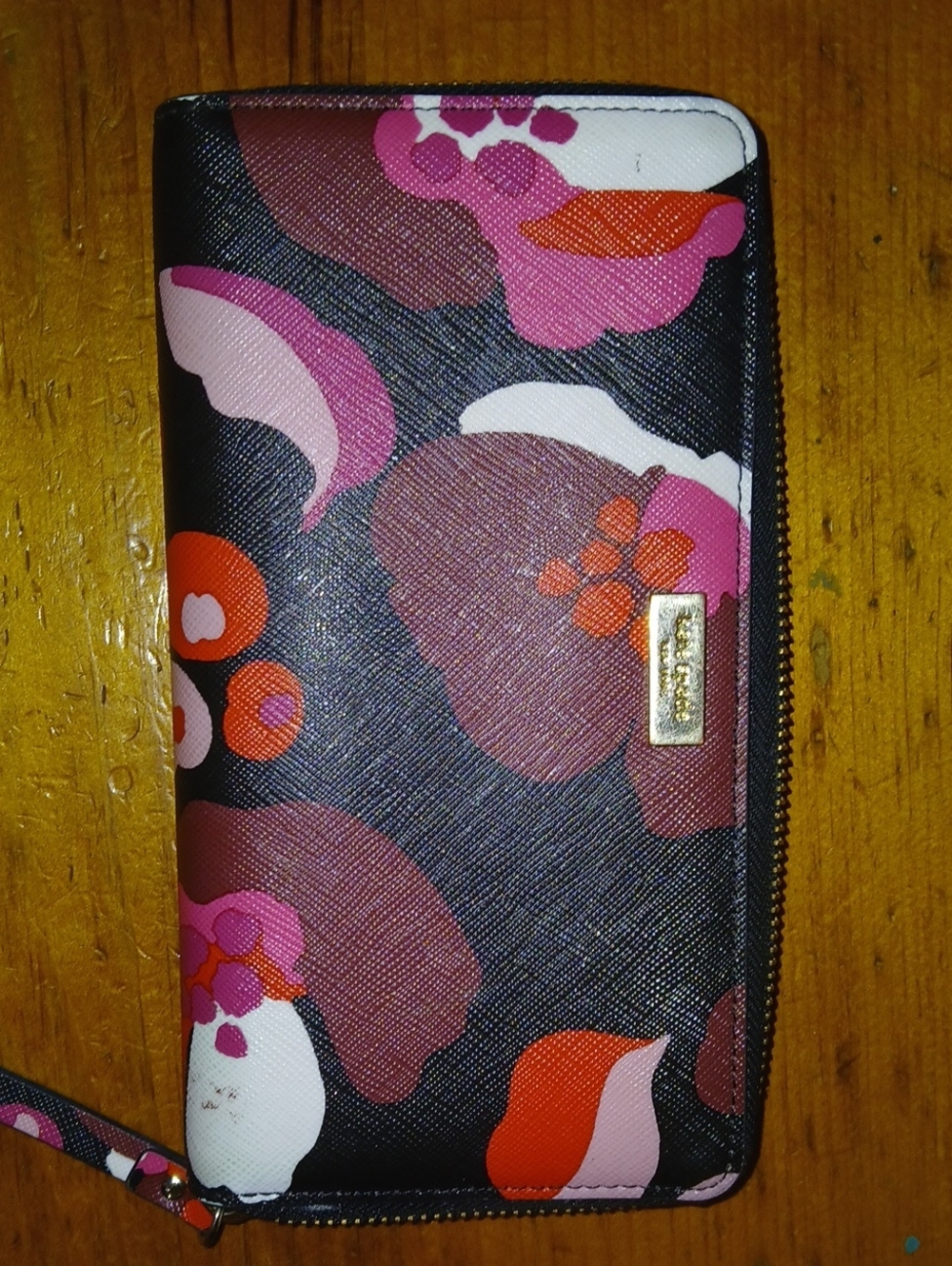 kate spade Black Floral Zip Pouch with Gold Logo